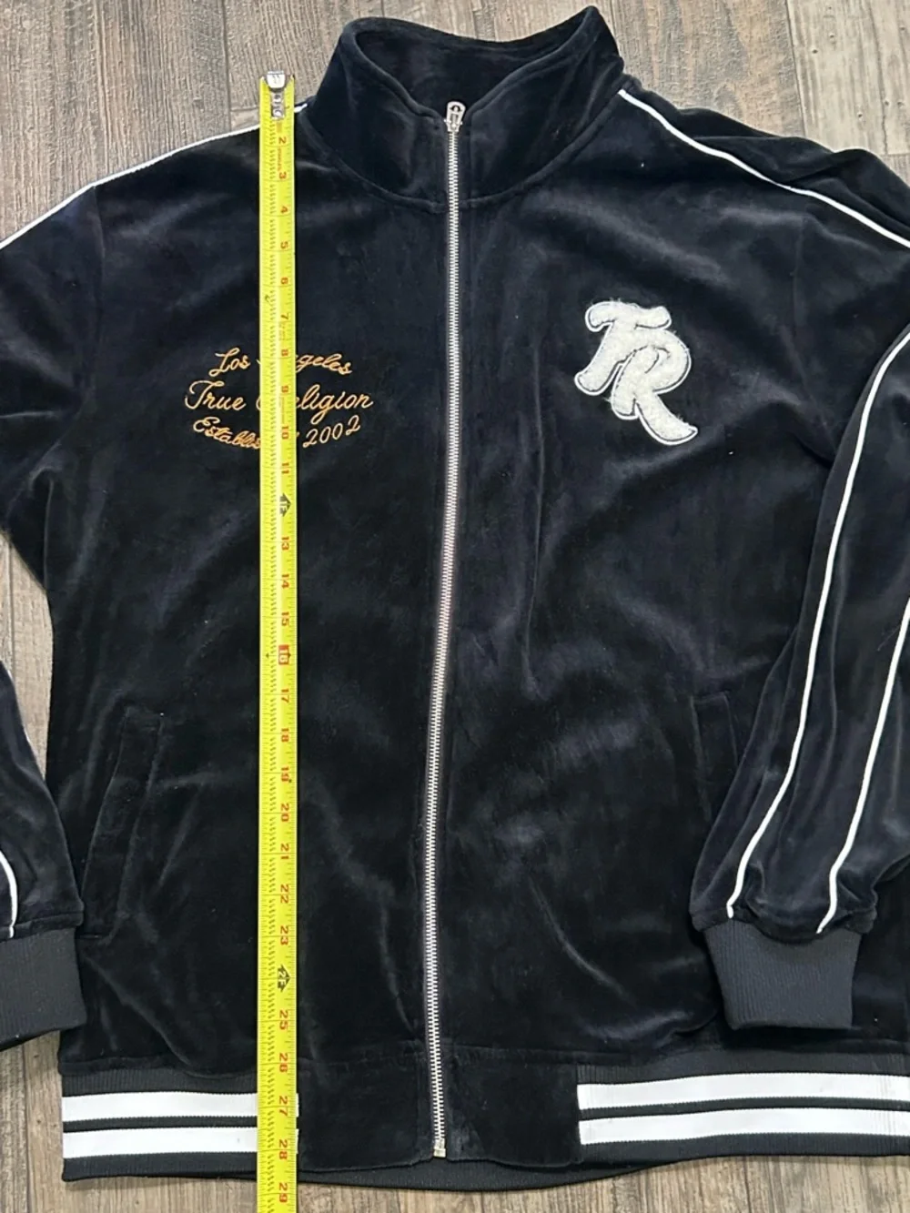 True Religion Black Velour Zip Hoodie with Gold Embroidery